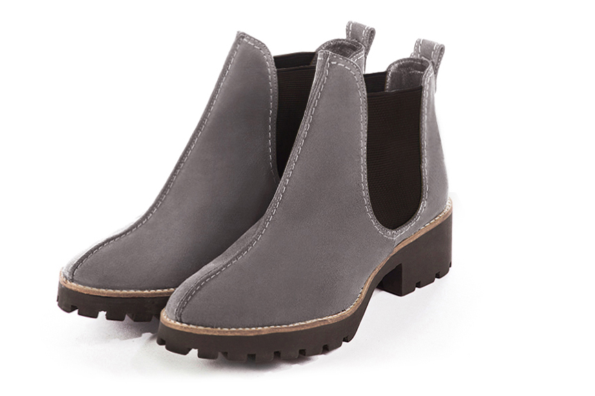 Women's pebble grey and dark brown elegant Chelsea ankle boots, with side elastics. Round toe. Thick rubber soles - Front view